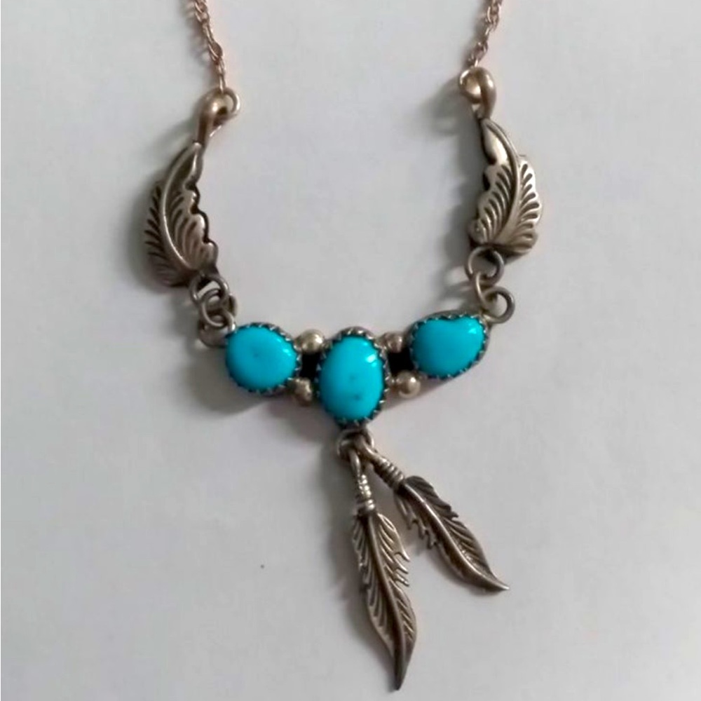 Southwestern Sterling and Turquoise Necklace - Feathers & Leaves
